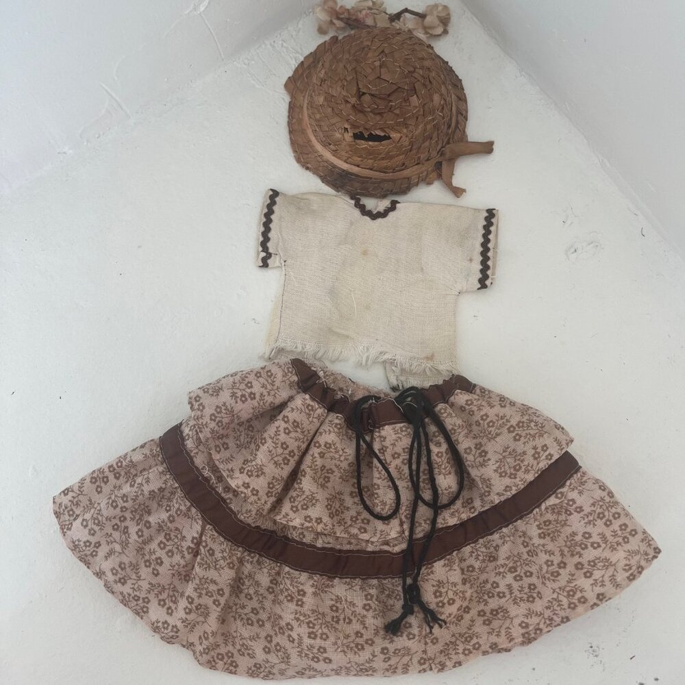 Vintage Doll Outfit Skirt & Jacket Vest & Farmer Hat w/ Flowers Beige & Brown - Picture 9 of 11